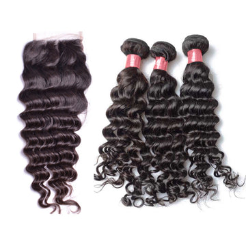 Virgin Brazilian Natural Curly Remy 3 Bundles & Closure Package