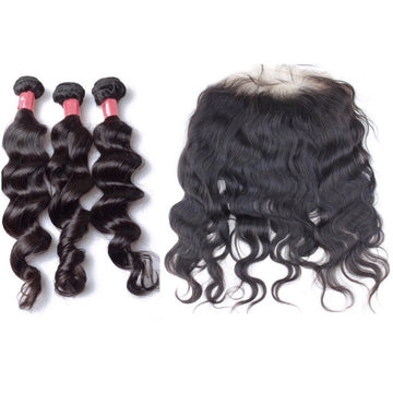 Virgin Brazilian Natural Wave Hair 3 Bundles & Lace Frontal Package